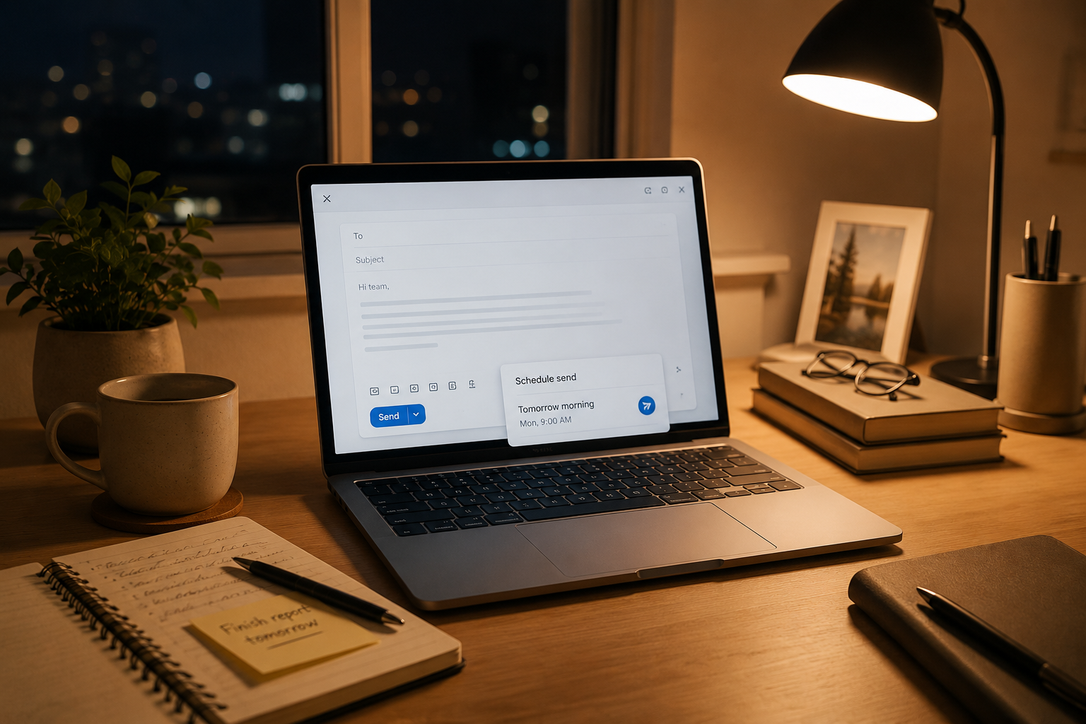 Work from home desk at night with scheduled email draft for better boundaries